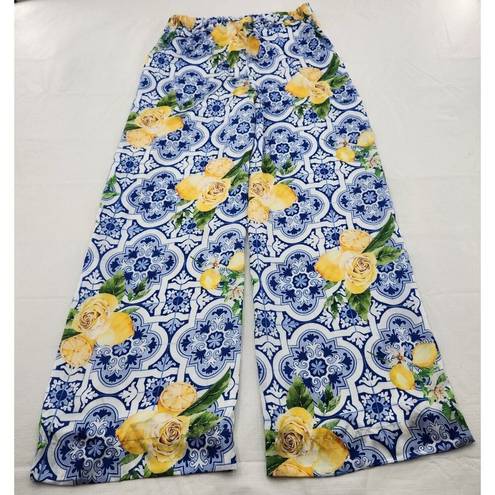 Boston Proper  Womens XS Flora Tiles Lemon Parisian Flowy Satin Palazzo Pants