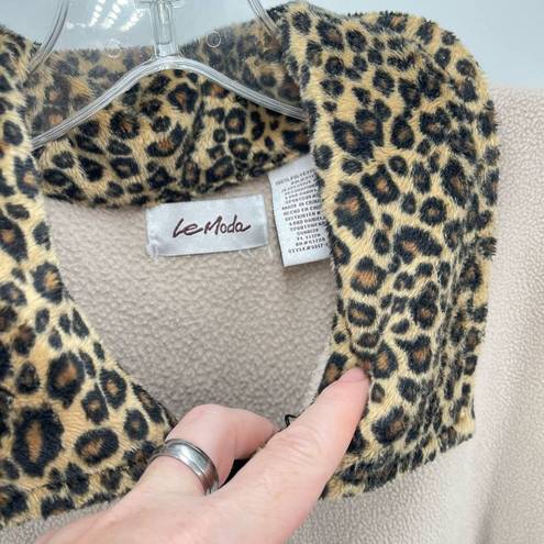 Moda Le  Womens Wrap blanket Sweater Leopard Trim Full Zip Pocket Beige Tan One S