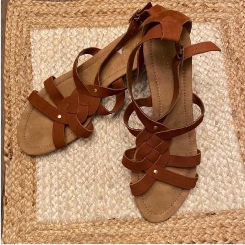 Ralph Lauren  Brown Cognac Suede Leather T-Strap Lydia Wedge Sandals Size 10