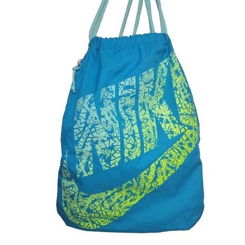 Nike  Heritage Gym Sac Drawstring Backpack in Teal Blue Neon Green Swoosh Logo
