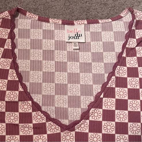 belle du jour Juniors Pink Floral Checkered V-Neck Short Sleeve Fitted Crop Top