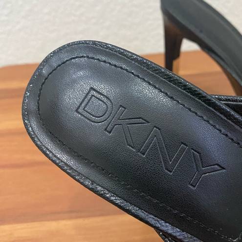 DKNY DNKY Arleen Black Textured Faux Leather Gold Embellished Slip On High Heels 10M