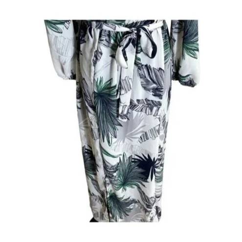 Sans Souci NWT Tropical Palm Print Off Shoulder Maxi Dress 3/4 Sleeve Tie Elastic Waist S