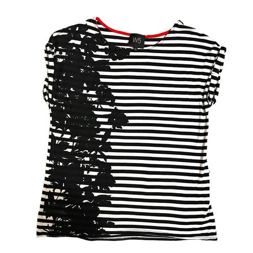 W5  SMALL Black & White Striped Floral Detail Short Rolled Sleeve Tee Top