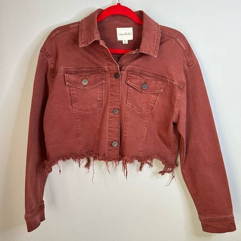 Unpublished  Distressed Denim Jacket Brick Red Color Cropped Frayed