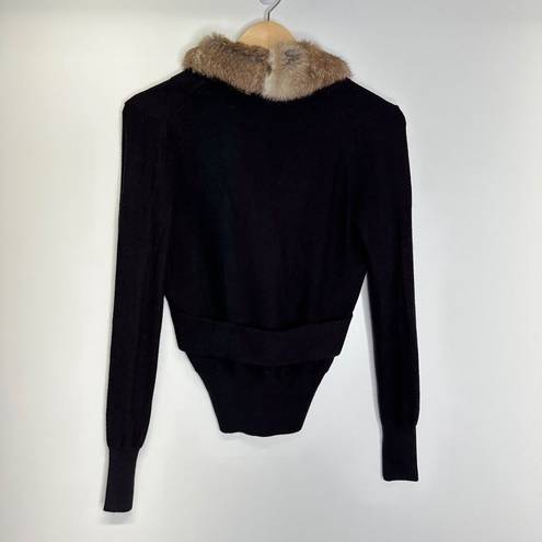 Tracy Reese  Rabbit Fur Collar Black Ribbed Sleeves Cardigan Size Small