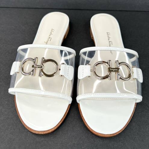 Salvatore Ferragamo  Rhodes Pvc Gancini Logo White Leather Flat Sandals Size US 5