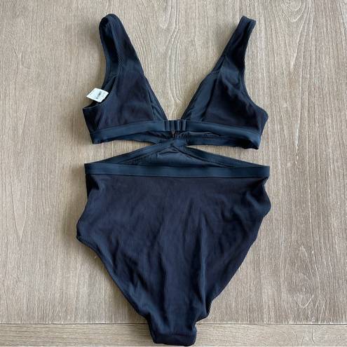 Aerie Ribbed Mix Crossover Cut Out One Piece Swimsuit in Black Size Medium NWT