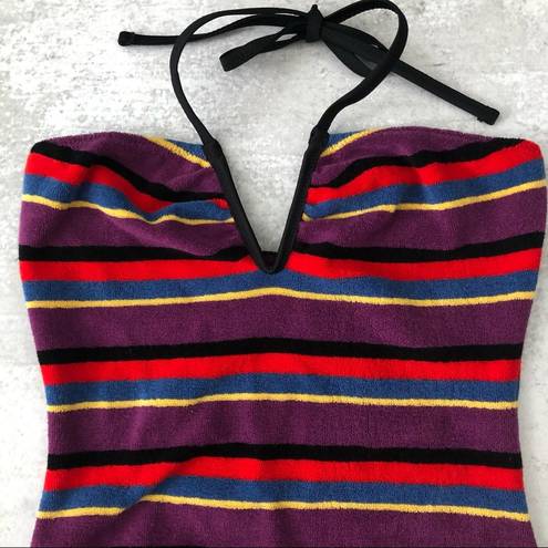 Solid & Striped  The Heather Grape Terry Stripe Halter One Piece Swimsuit NEW