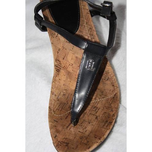 Ralph Lauren Lauren  Women's Jeannie Wedges Sandals Open Toe Black Logo 6.5