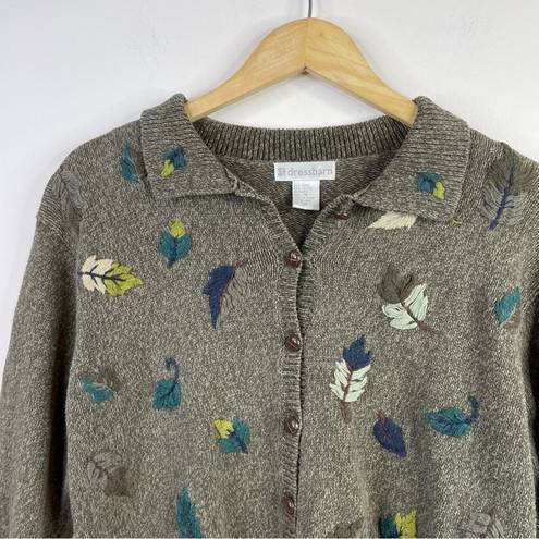 Dress Barn Vintage Embroidered Fall Leaves Grandma Cardigan Sweater  Heather Green womens M