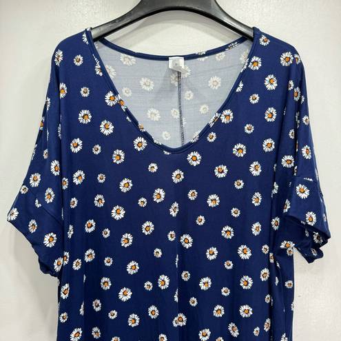 Acting Pro NEW  Blue with White & Orange Daisies Knit Oversized Shirt Dress Large