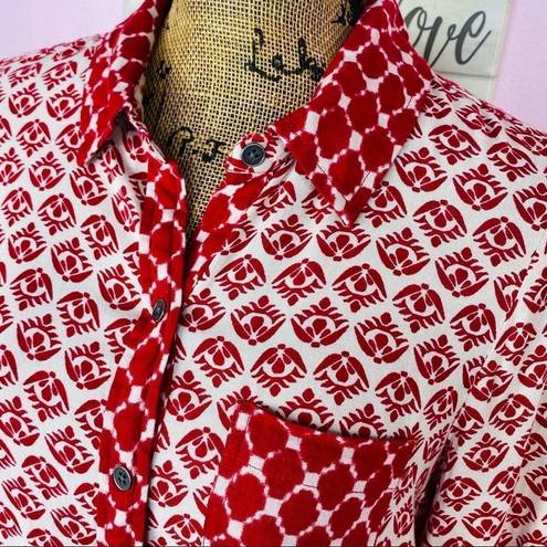 Style & Co . Dual Geometric Print Button Front Shirt Red Cream Petite Small