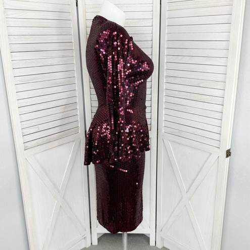 Oleg Cassini Vintage  Sequin Peplum Sheath Party Dress Maroon Red 10 Long Sleeve