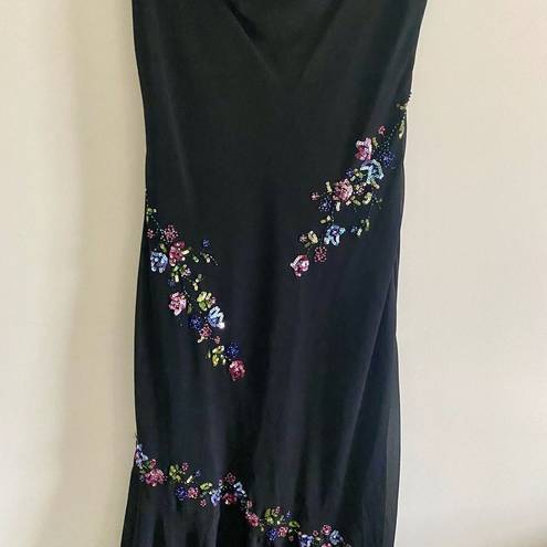 Alex Evenings Vintage long black cowl neck sequin flower embroidered formal evening maxi dress