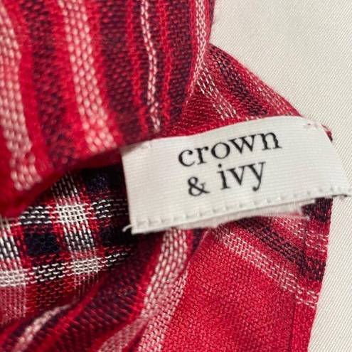 Crown & Ivy  Red Plaid Scarf with Navy Tassels 30X37