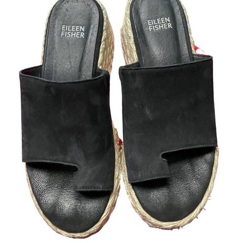 Eileen Fisher  Tarry Toe Loop Espadrille Wedge Slide Sandal Black Women’s 6