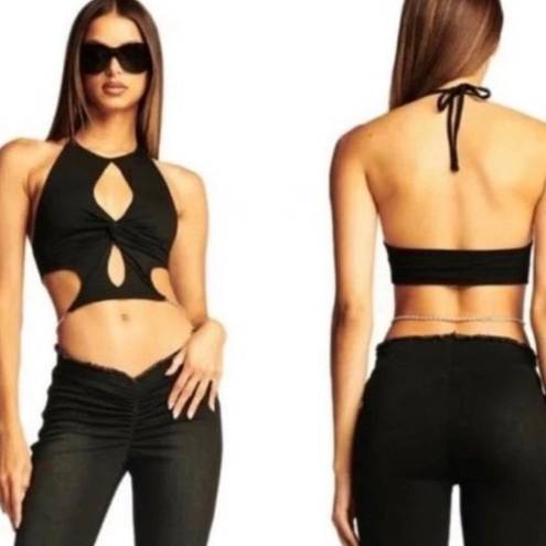 I am gia  Black Cut Out Pearl Chain Crop Top