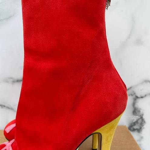 Charlotte Olympia Bella red yellow green suede colorblock mid-calf boots size 35