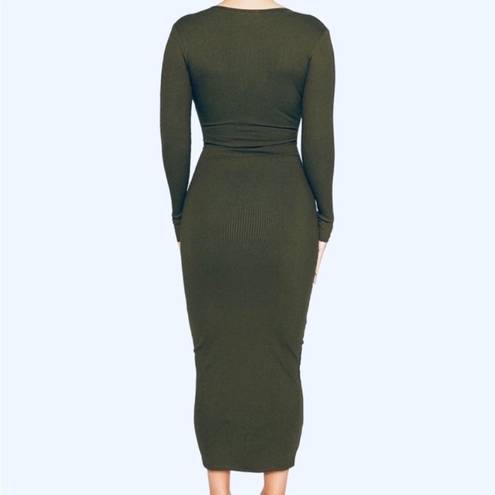 Naked Wardrobe NWT  Snatched V-Neck Long Sleeve Midi Dress in Olive Green