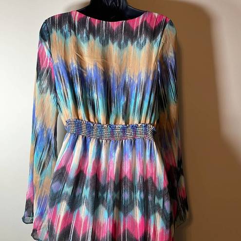 Honey Punch  Multicolor Abstract Print Long Sleeve Plunge Maxi Dress Size M