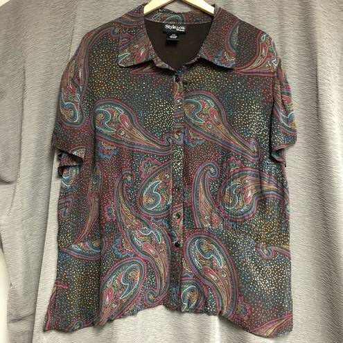 Style & Co , 22W button collared top, short sleeves, brown blue, maroon paisley