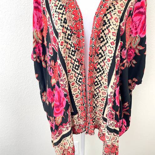 Angie  Women's Boho Rayon Floral Kimono Cardigan Lightweight Black Size M