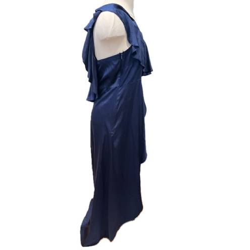 Alexis  Austyn 100% Silk Navy One Shoulder Ruffle Asymmetrical Maxi Gown Dress L