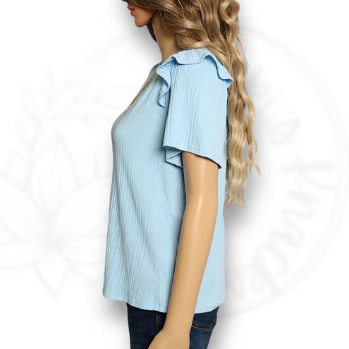 W5  Concepts Light Blue Ruffle Short Sleeve V Neck T-Shirt Top Ribbed Size M