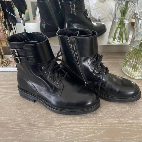 All Saints Donita Black Leather Combat Boots 37 Lace Up Zip Buckle Lug Sole