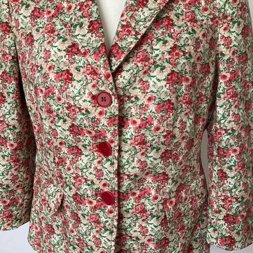 Talbots  Floral Pink Green Jacket Blazer Watercolor Rose 3/4 Sleeves Size 10