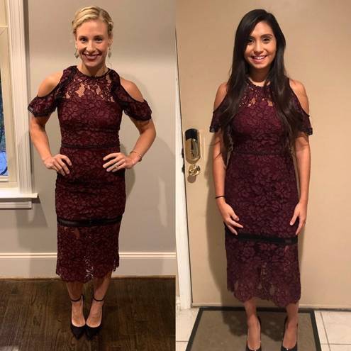 Alexis Evie women’s burgundy cold shoulder lace midi sheath dress size S small