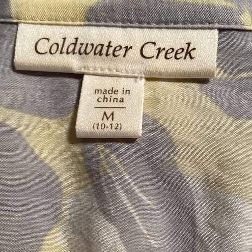 Coldwater Creek Pale Yellow Gray & White Floral Print Button Down Roll Up Sleeve