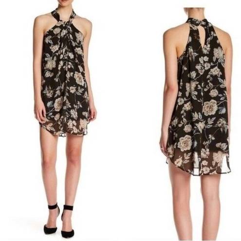 ASTR  The Label Women’s Black Floral Chiffon Twist Front Keyhole Mini Dress