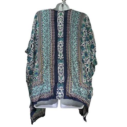 Angie  Kimono Small Blue Floral Boho Ruana Wrap Shawl Women's Size S