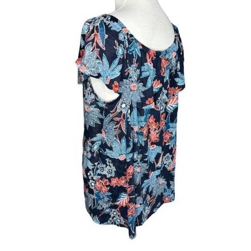 J.Jill  Love Linen Sarasa Womens Ruffled Tropical Print Top‎ Navy Blue Size Large