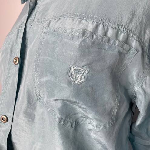 Gloria Vanderbilt  Medium 100% Silk Teal Blue Button Up Pocket Blouse Top