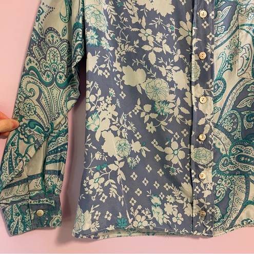 Coldwater Creek  100% Silk Blouse Blue Mixed Boho Prints Button Collar PS