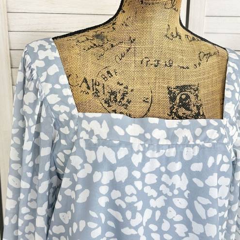 Petal Lucca  Print Square Neck Crop Blouse Blue White Large Long Balloon Sleeve