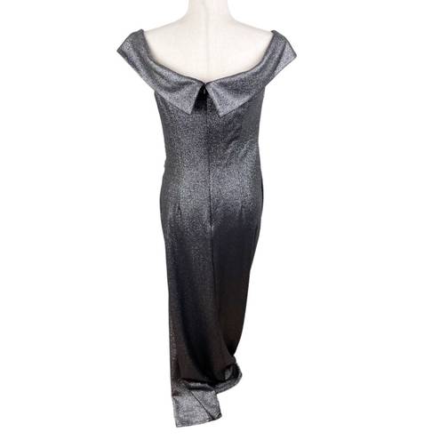 Oleg Cassini  Beaded Ruched Metallic Off-Shoulder Sheath Gown Gunmetal Size 12