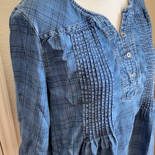 Style & Co  Quarter Button Plaid Print Denim Blouse