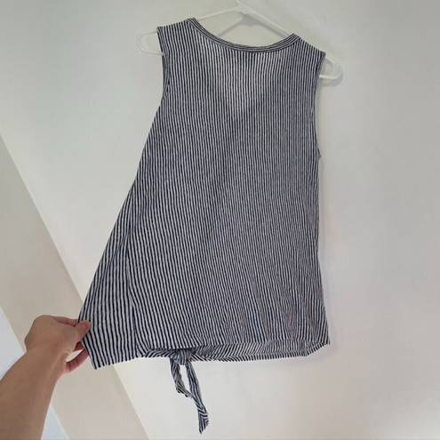 Rachel Zoe  Navy Blue White Striped Sleeveless Button Tie Knot 100% Linen Tank M