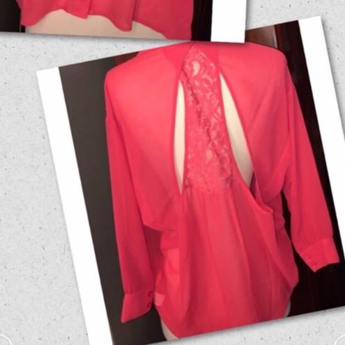 Kirra  - Coral sheer button blouse with lace back