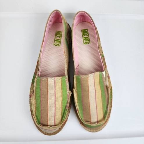 mix no. 6  Size 10 Lightweight Slip-on Comfort Shoes Green Beige Striped Canvas