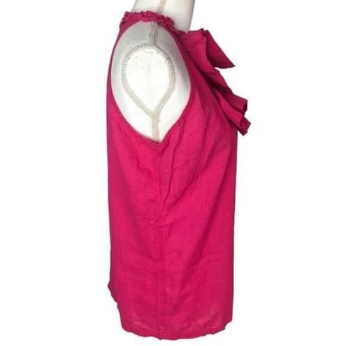 Luna Marina  Pink Ruffled Mock Neck Sleeveless Linen Blend Blouse