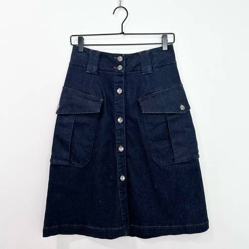 Massimo Dutti  dark wash denim skirt high-waist button front cargo pockets 6