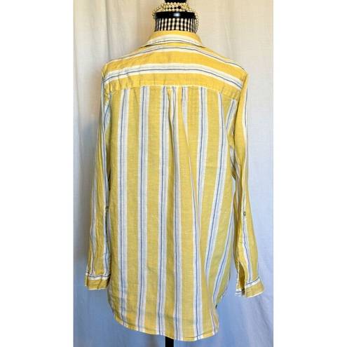 J.Jill  $79 Love Linen Daisy Stripe Roll-Tab Sleeve V-Neck Tunic Top Size Medium