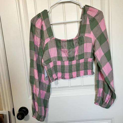 BP . Womens Crop Top Pink Buffalo Plaid Long Sleeve Puff Scoop Neck Smocked SZ S‎