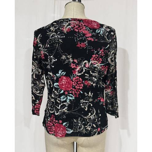 Emma James  Petite Women's Black Floral V-neck 3/4 Sleeve Stretch Top Size XL