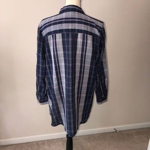 Lou & grey  Size M Button Down Tunic Length Top Purple Plaid Shirt Long Sleeve